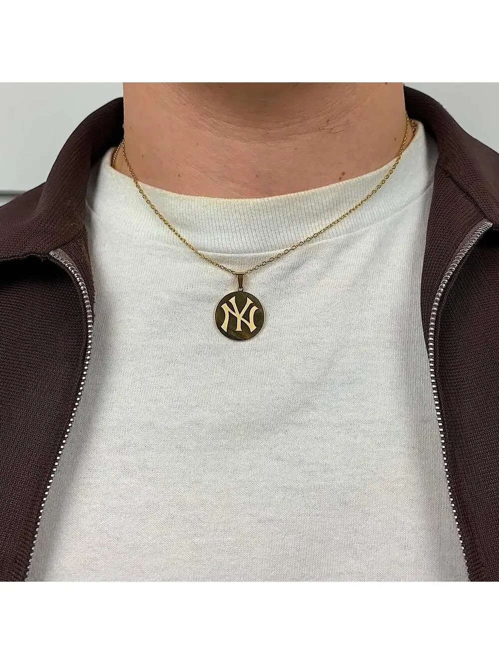 Y2k 2000s New York Yankees Circle Pendant Stainless Steel Gold Plated necklace.